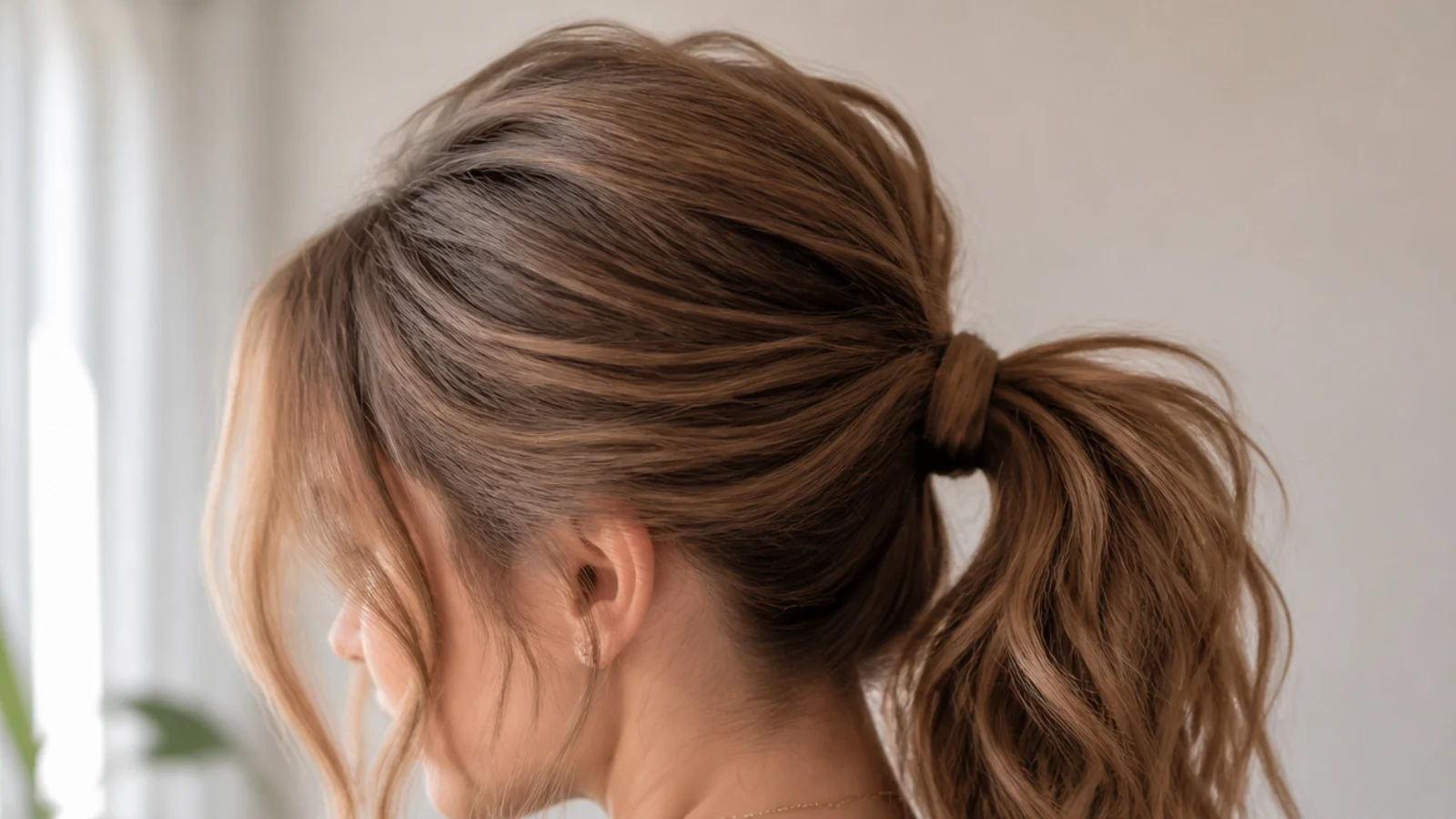 Fine strands left loose at the temples above a gathered ponytail
