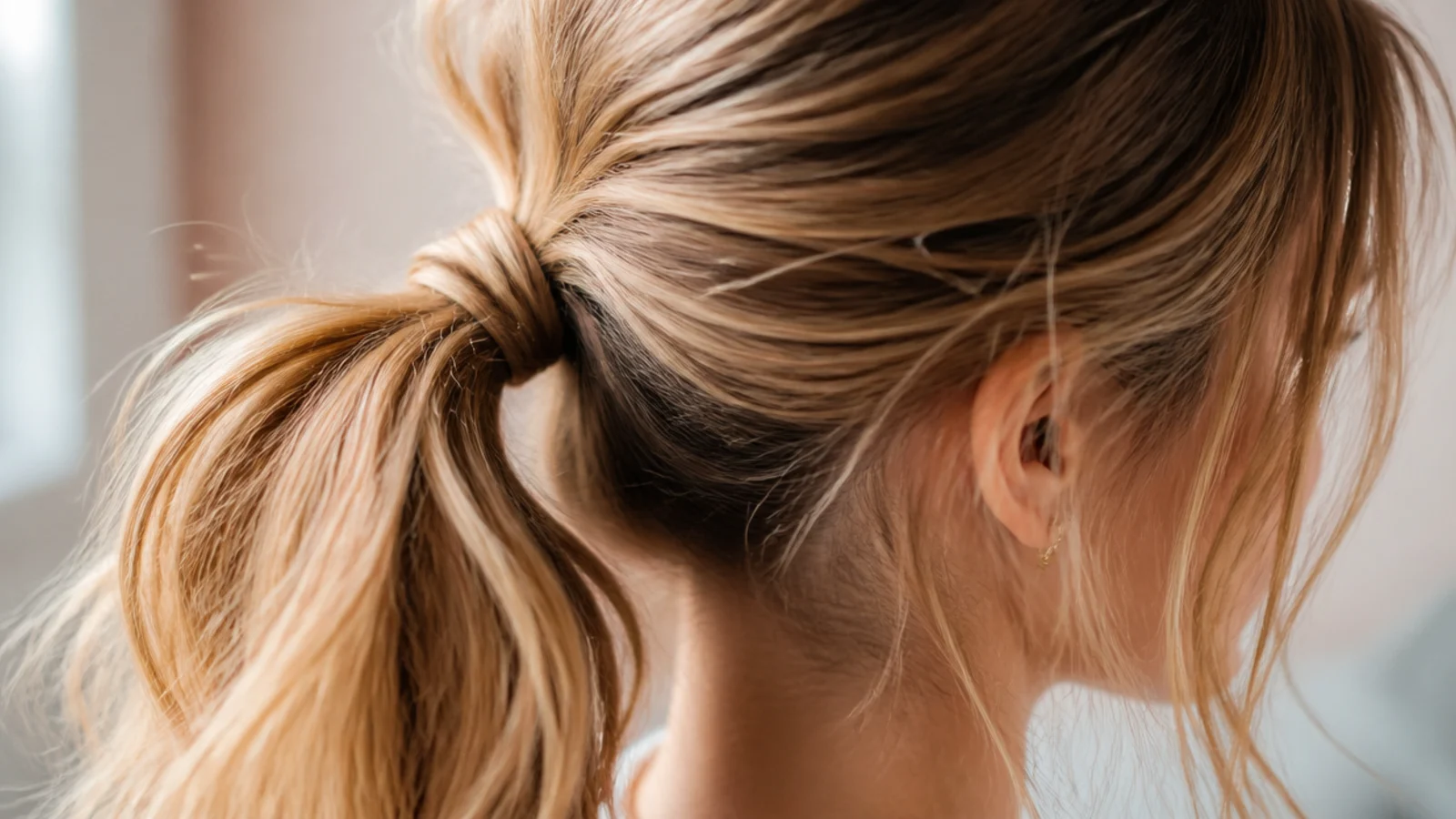 A strand of hair wound around the base of a ponytail hiding the elastic