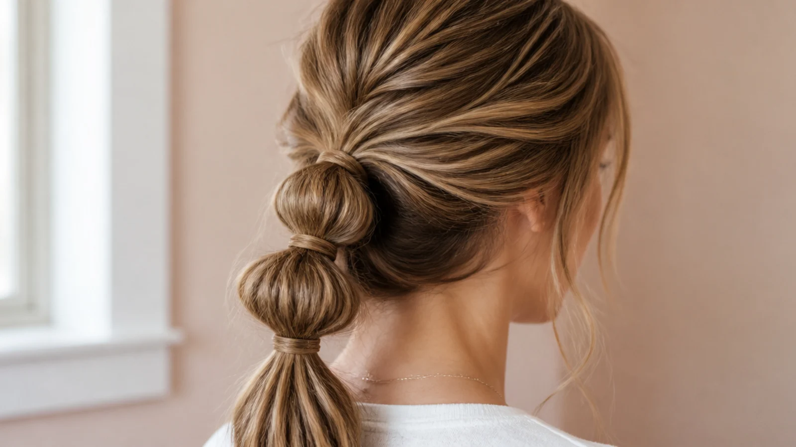A ponytail divided into rounded segments by evenly spaced clear elastics