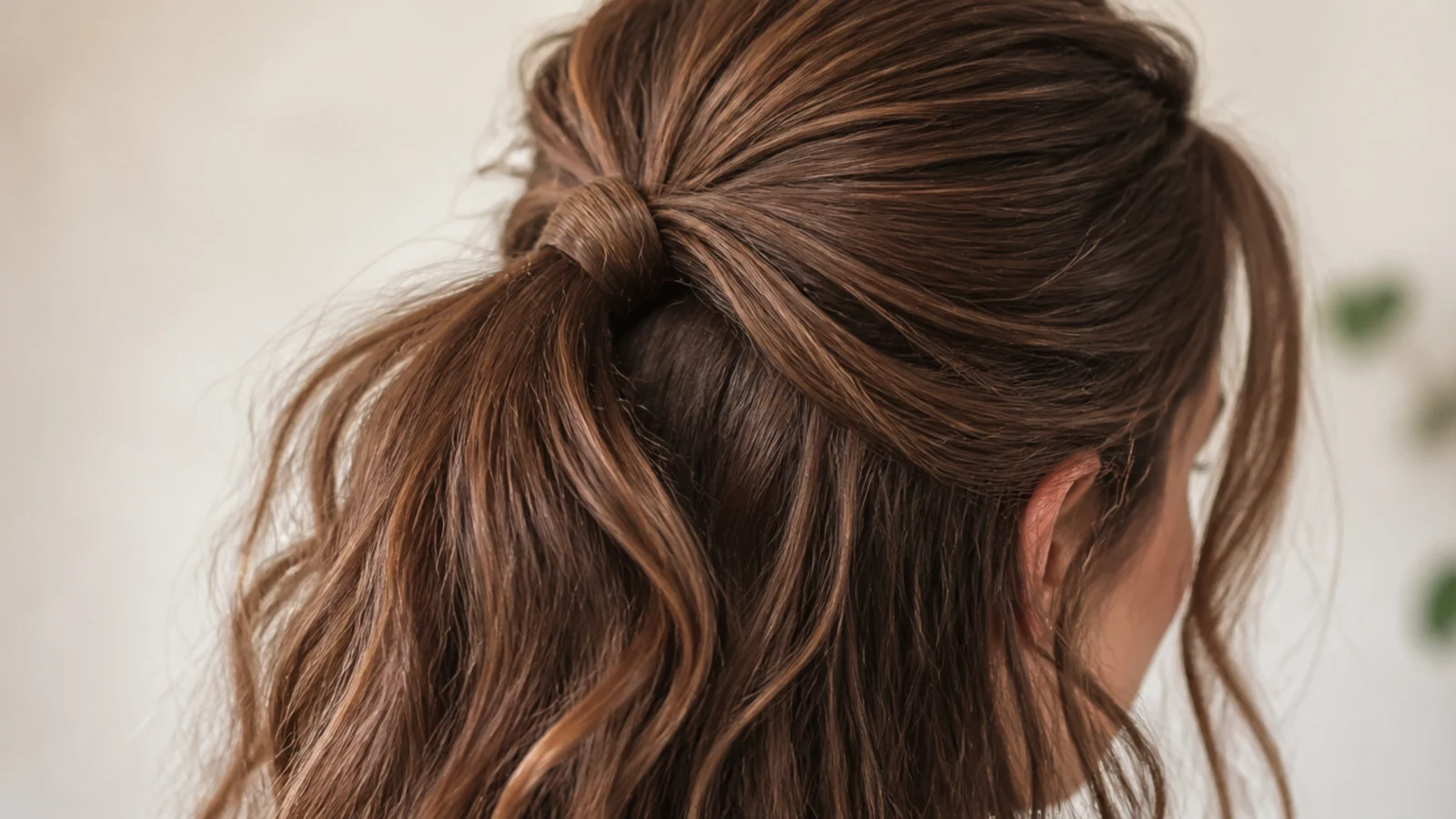 The top section gathered into a small ponytail with the length left down