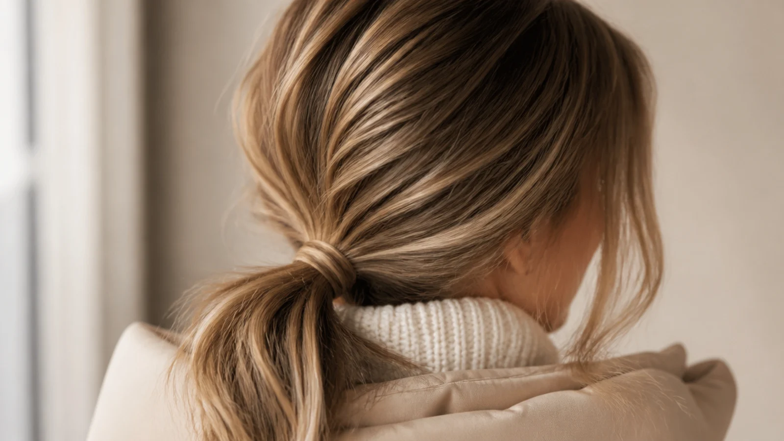 A low ponytail resting above a knitted collar and a padded hood