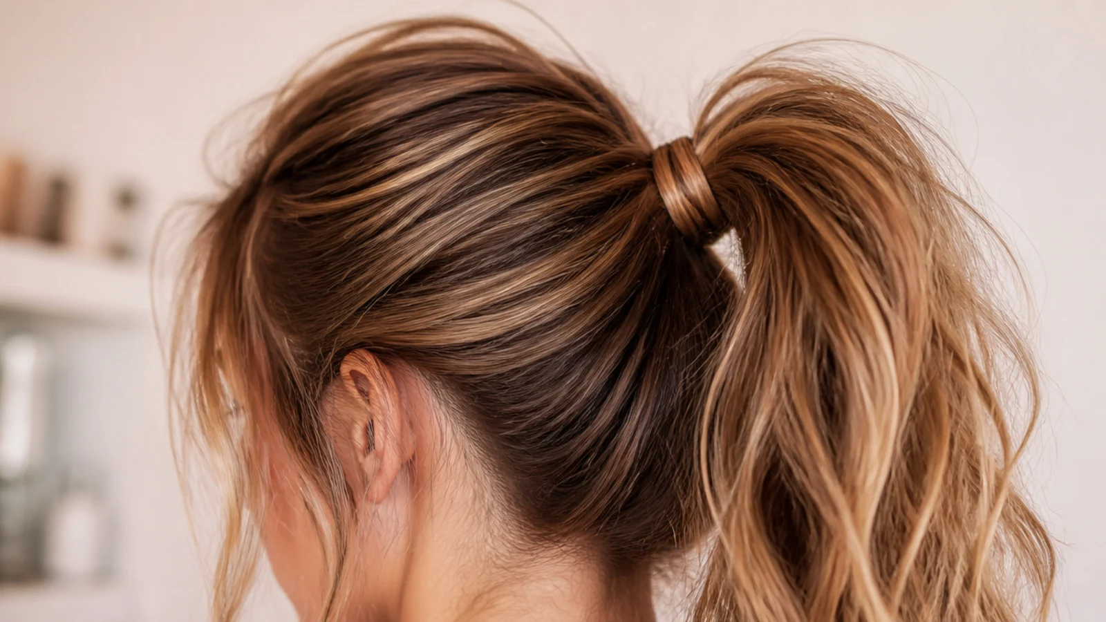 A high ponytail tied firmly above the crown with loose pieces at the neck
