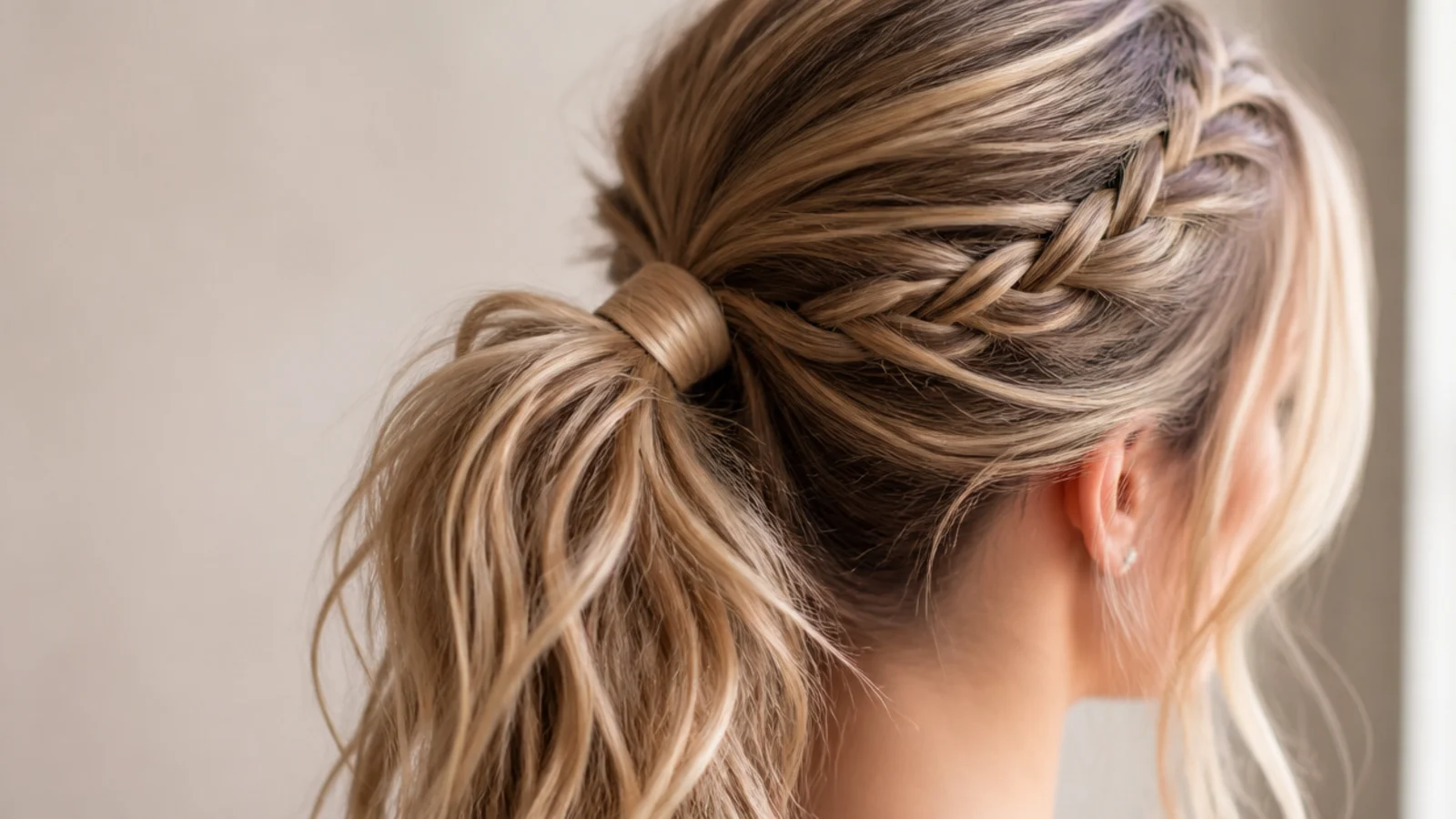 A slim braid running from the front hairline back into a gathered ponytail