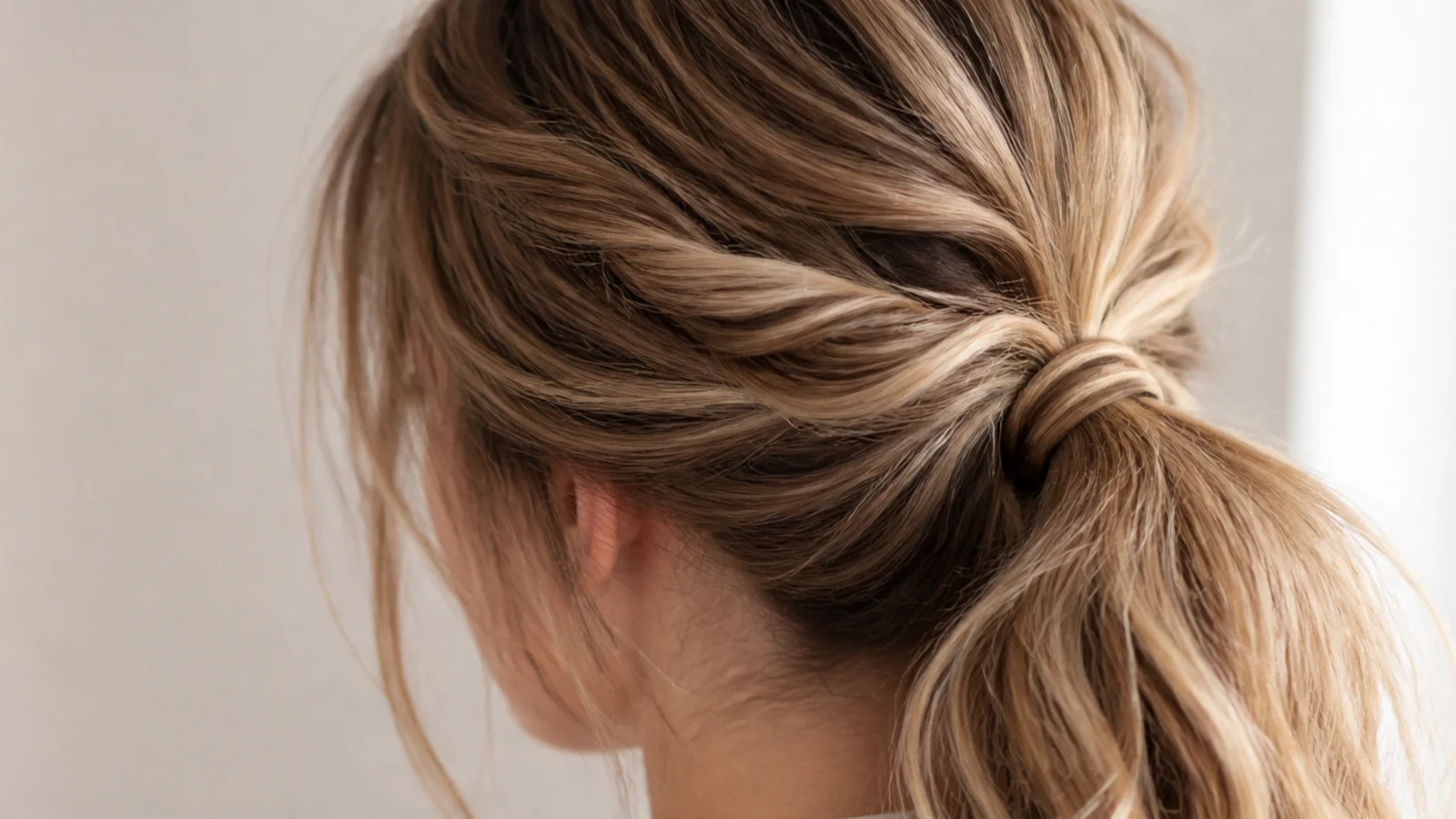 Twisted side sections meeting at the base of a ponytail