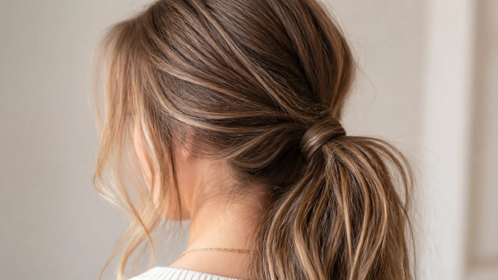 A ponytail tied behind a soft fringe left loose at the front