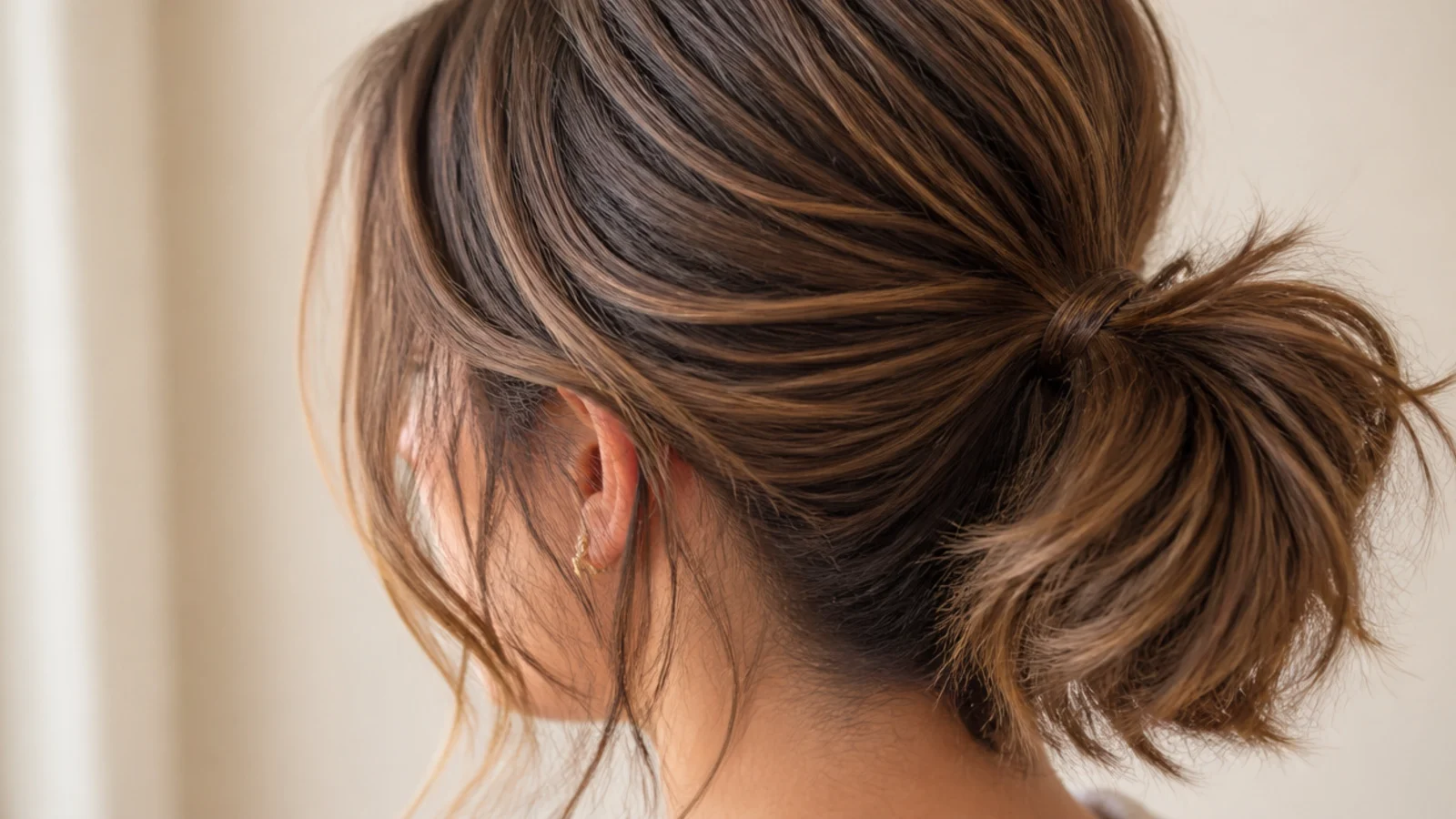 A short ponytail secured with a hooked bungee band