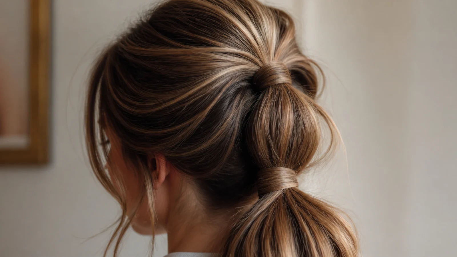 Two elastics stacked a short distance apart at the base of a ponytail