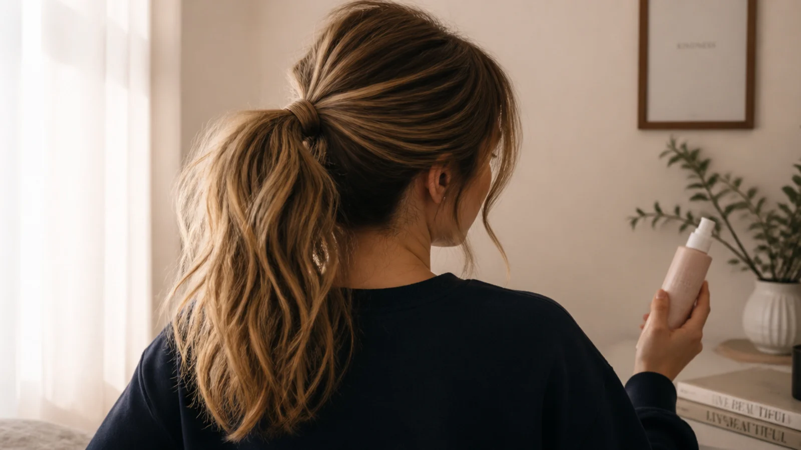 A secure ponytail base seen close up with the elastic wrapped and hidden