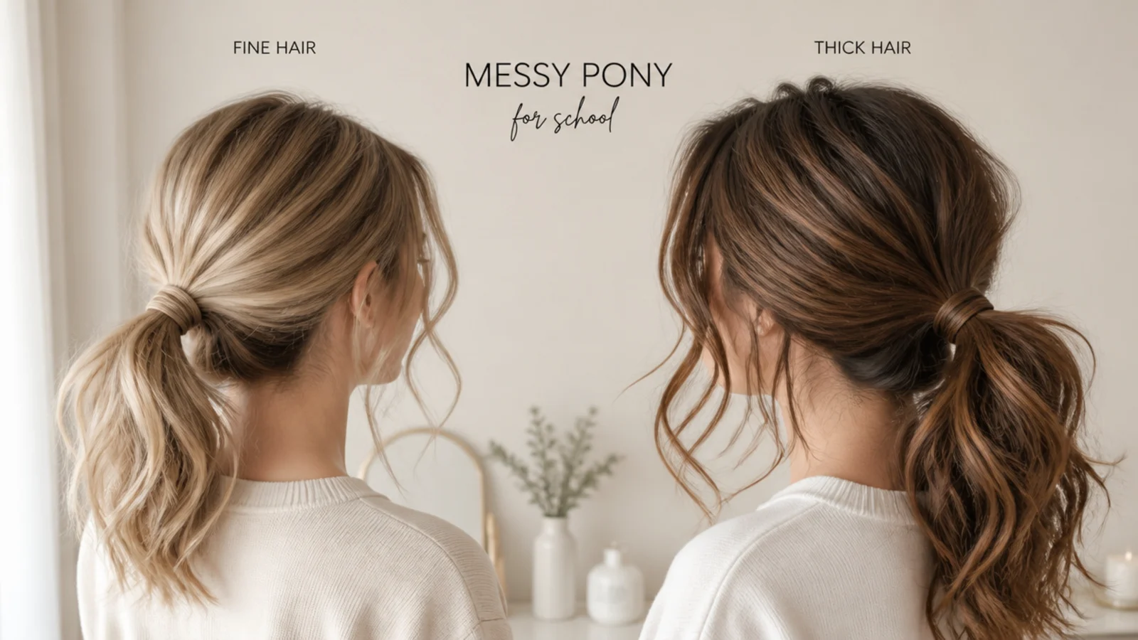 A split frame comparing a fine haired ponytail with a thick haired one