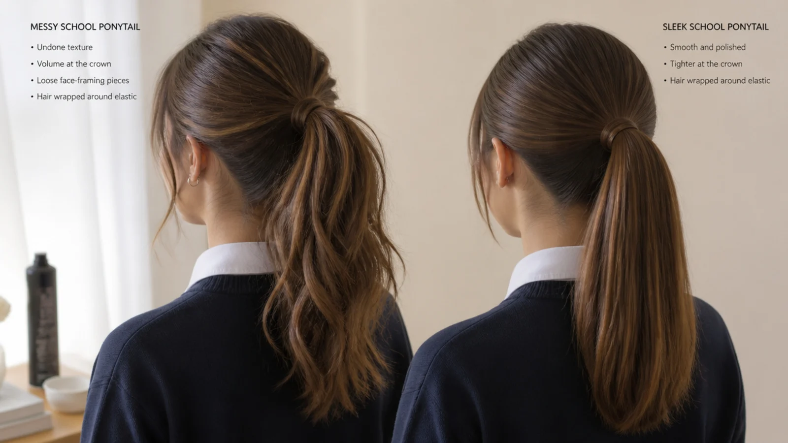 A split frame comparing a smoothed glossy ponytail with a textured tousled one