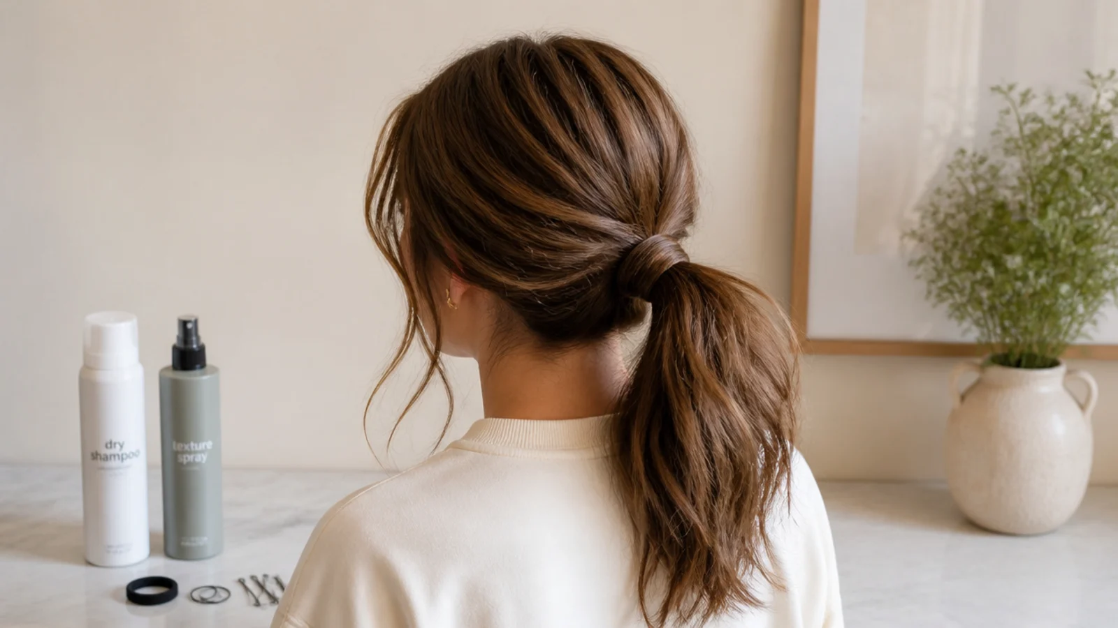 A dry shampoo and a texture spray standing beside a comb on a pale surface