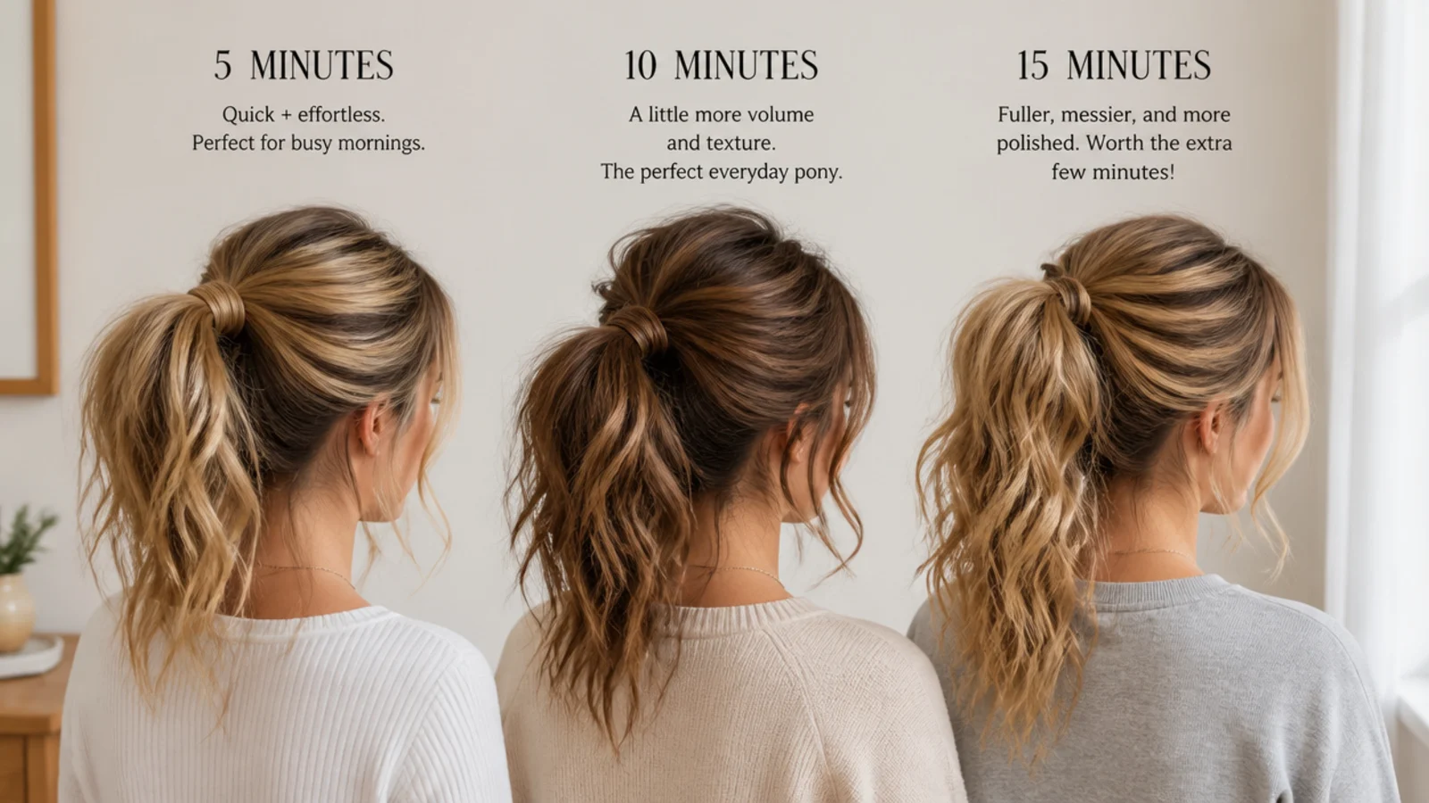 Hair ties, a scrunchie and a dry shampoo can grouped on a bedroom shelf