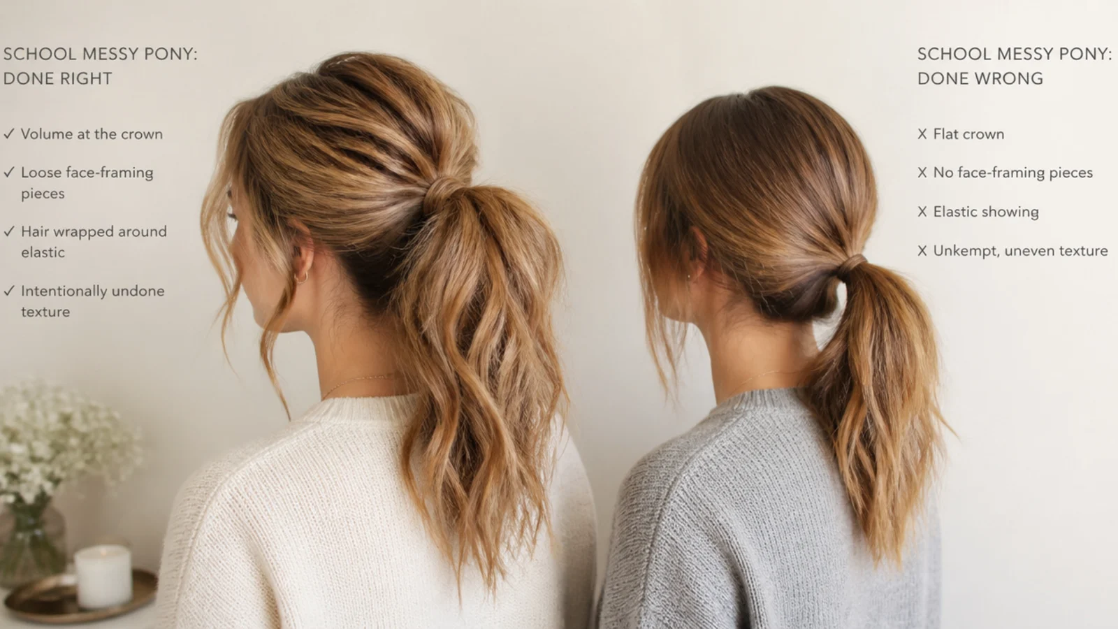 A close view of a tousled ponytail base with strands separated rather than combed flat