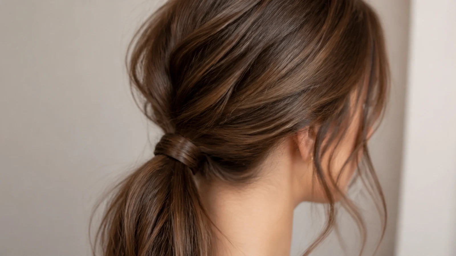 A low textured ponytail resting at the nape above a pale neckline