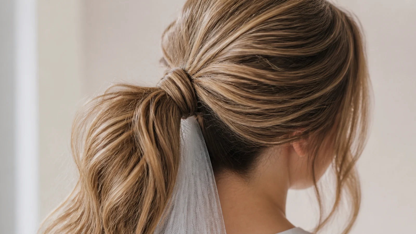 A ponytail with a wound strand of hair concealing the elastic at its base