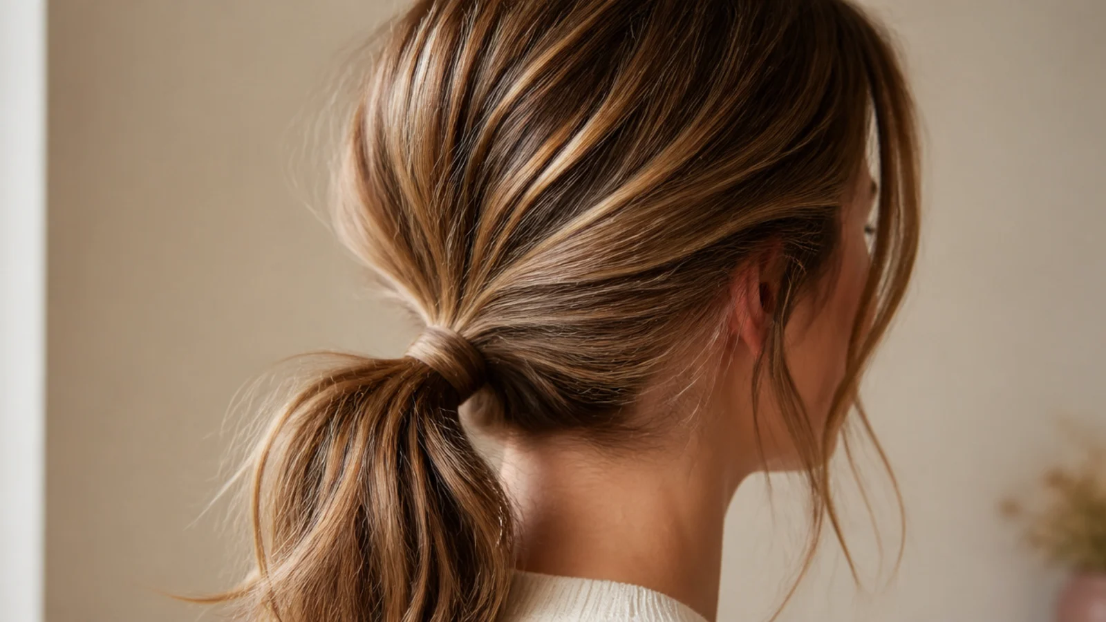 A neat low ponytail worn above a collar in a bright office setting