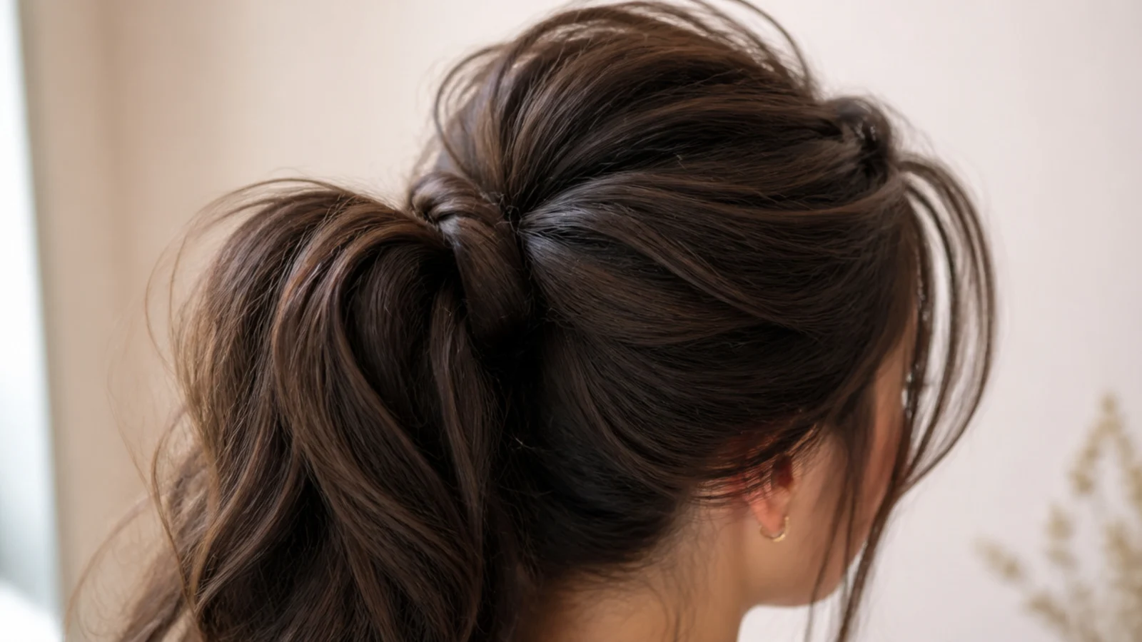 A high ponytail with a smooth crown and a full textured tail seen from behind