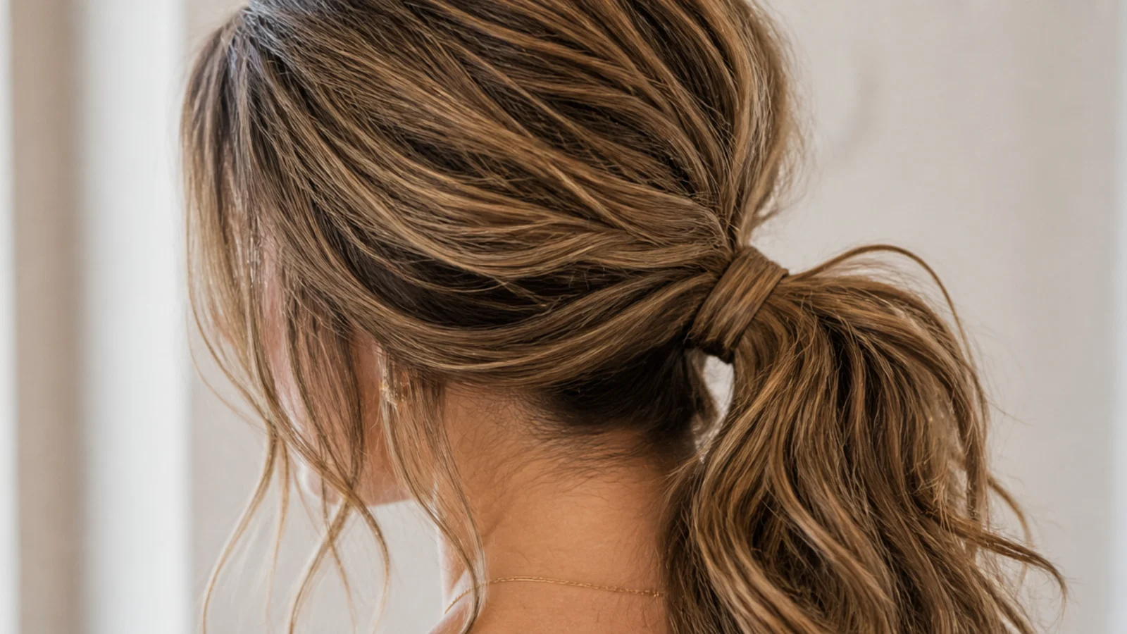 A ponytail swept over one shoulder with the opposite side pinned smooth