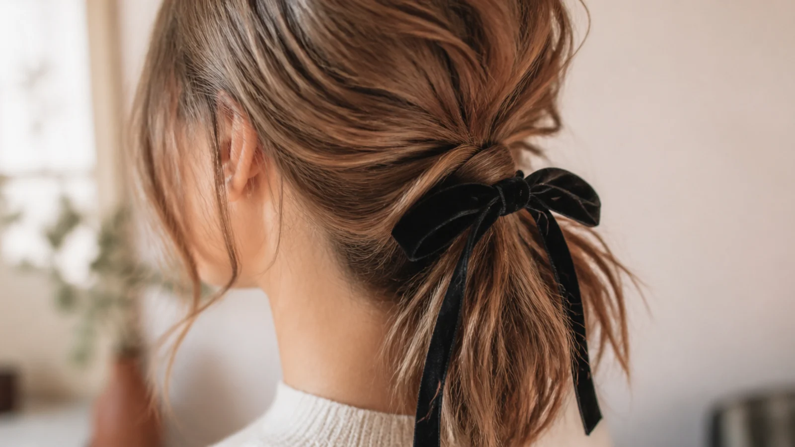 A velvet ribbon tied over the base of a low ponytail with uneven ends
