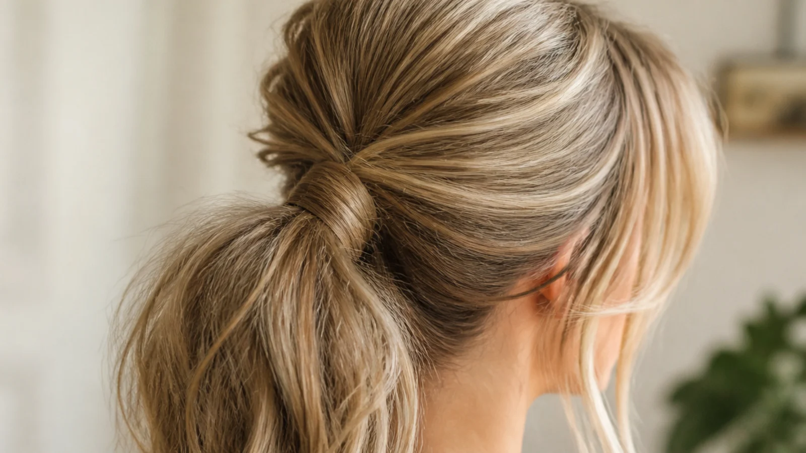 A ponytail with a raised rounded crown above a smooth back section