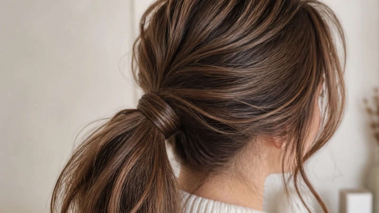 A wrapped low ponytail with soft pieces falling forward at the temples