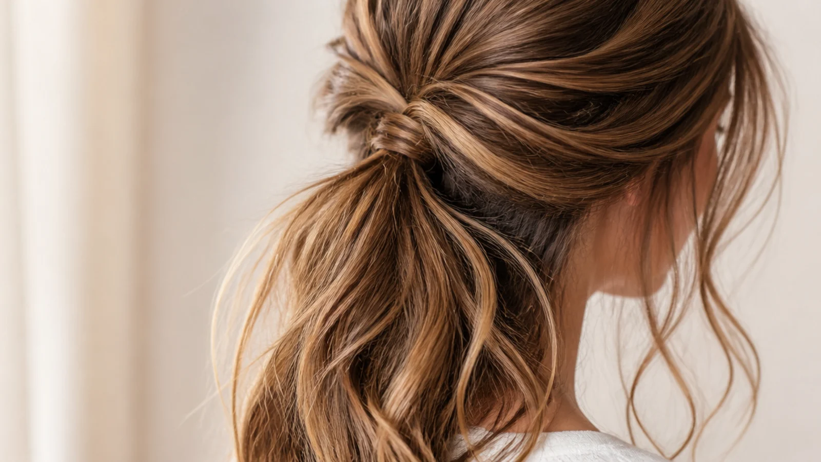 A half up ponytail on long hair with the length falling loose below