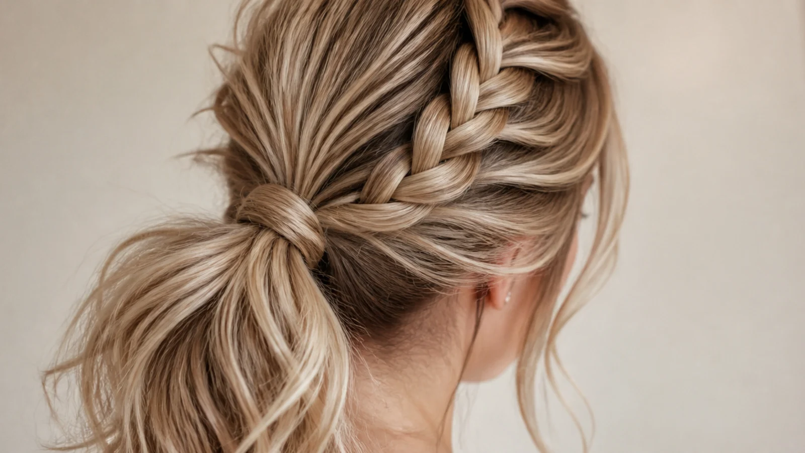 A braid running into the base of a gathered ponytail at the back of the head