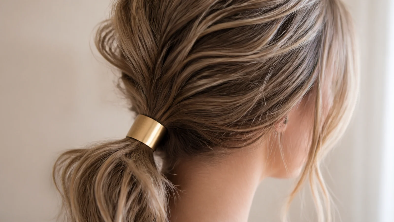 A gold metal cuff fastened around the base of a textured ponytail