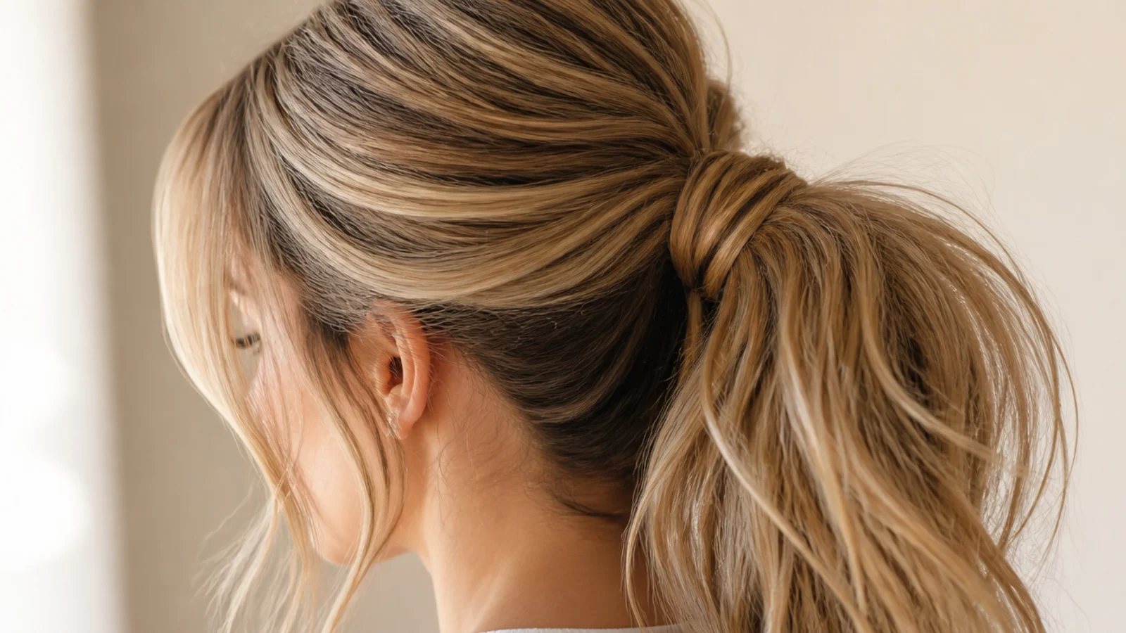 Two stacked sections forming a single fuller looking ponytail on fine hair