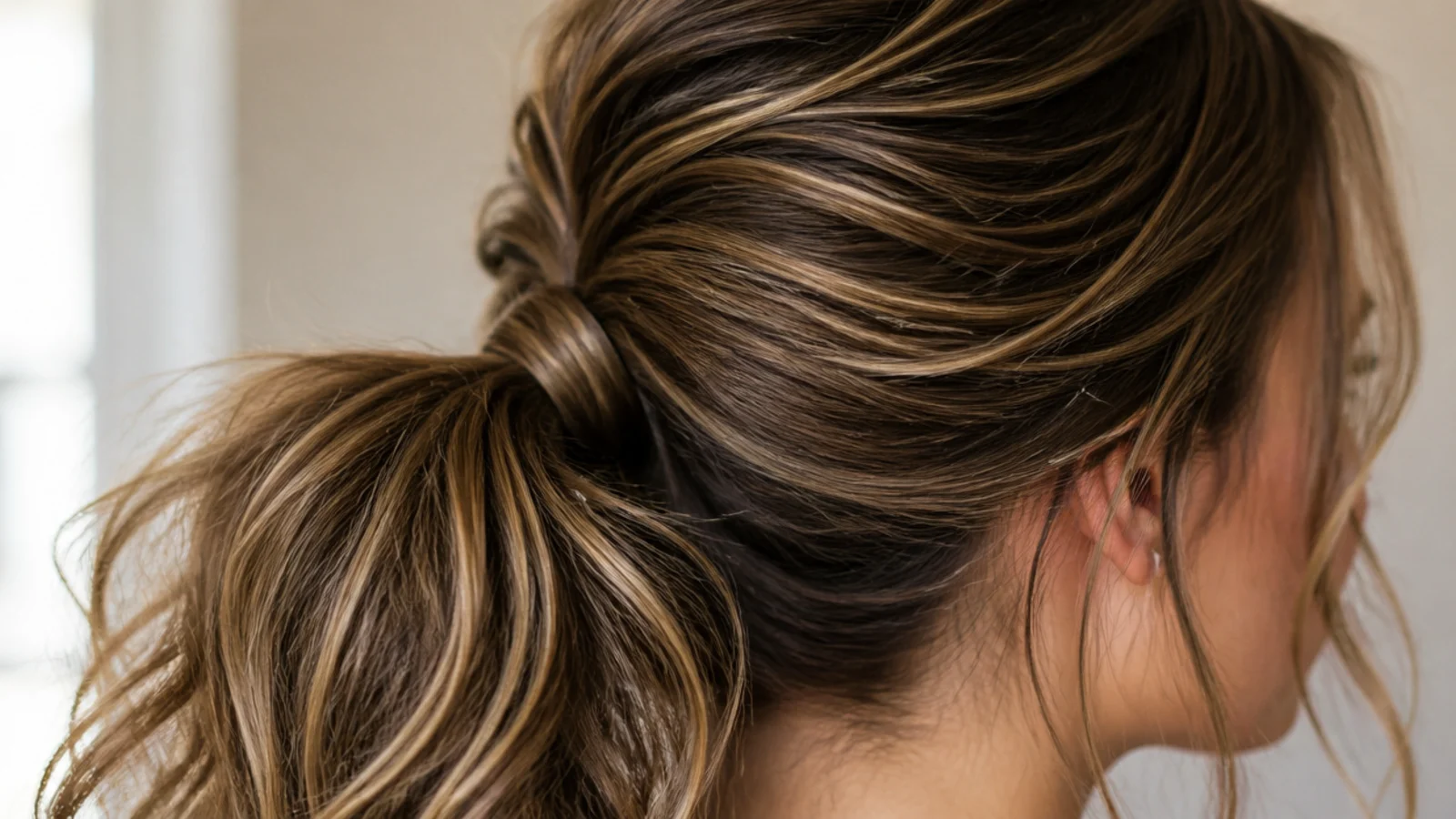 A thick ponytail secured by two separate elastics one above the other