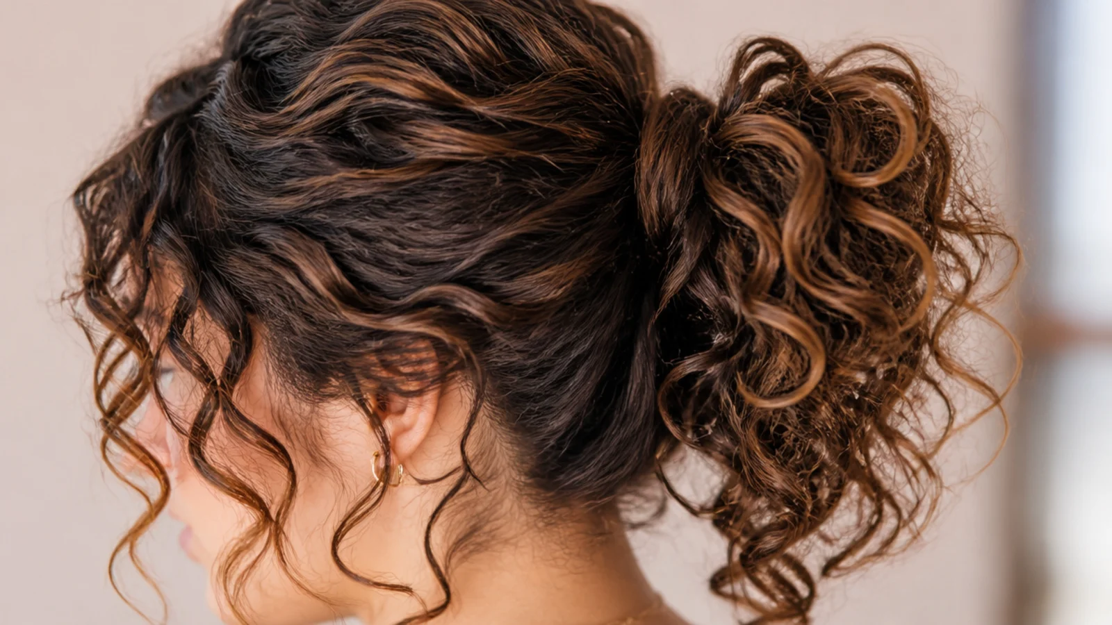 Loose spiral curls falling at the temples beside a gathered ponytail