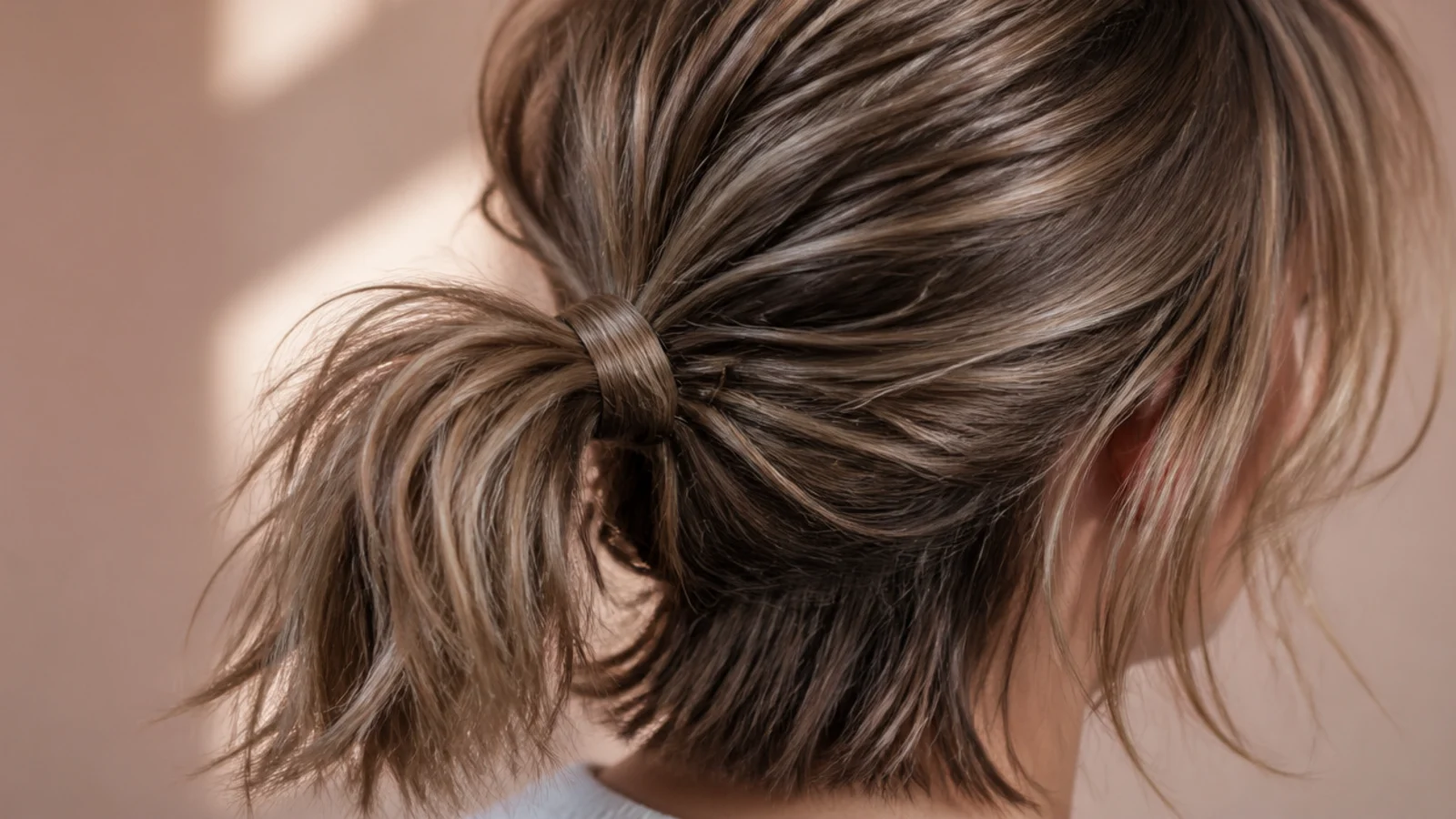 A short ponytail held by a hooked bungee band at the nape