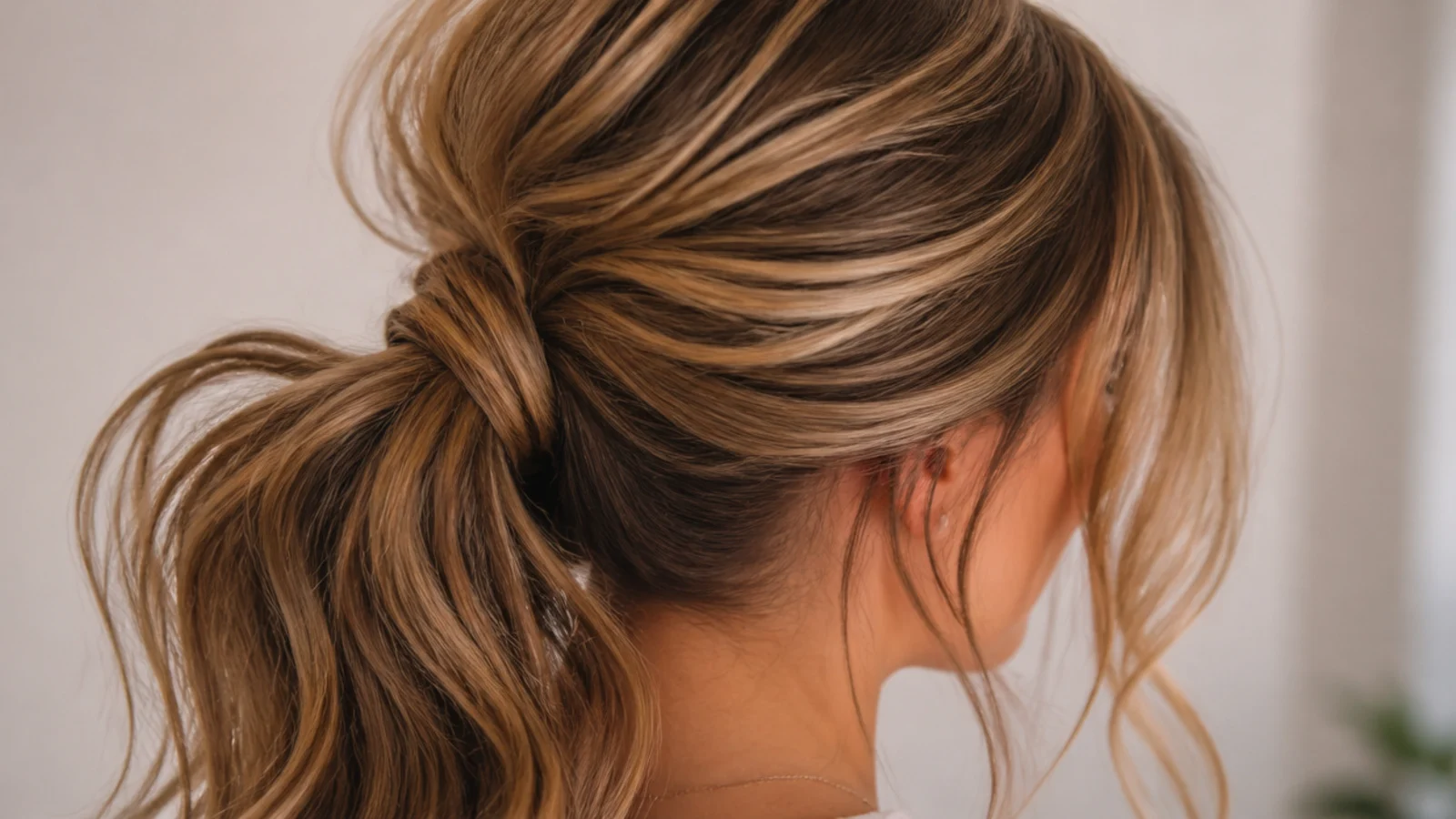 A deep parting sweeping across the crown into a low gathered ponytail