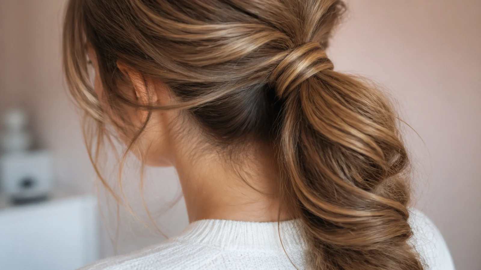 Two twisted strands wound around each other forming a rope down the tail