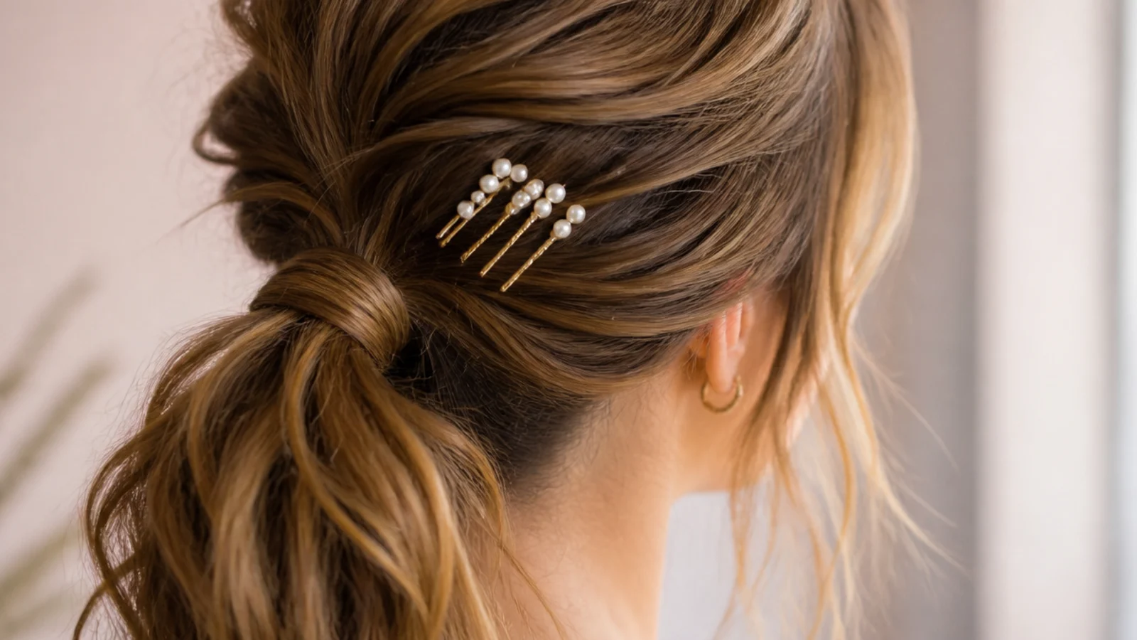 Small pearl topped pins set in a line above the base of a ponytail