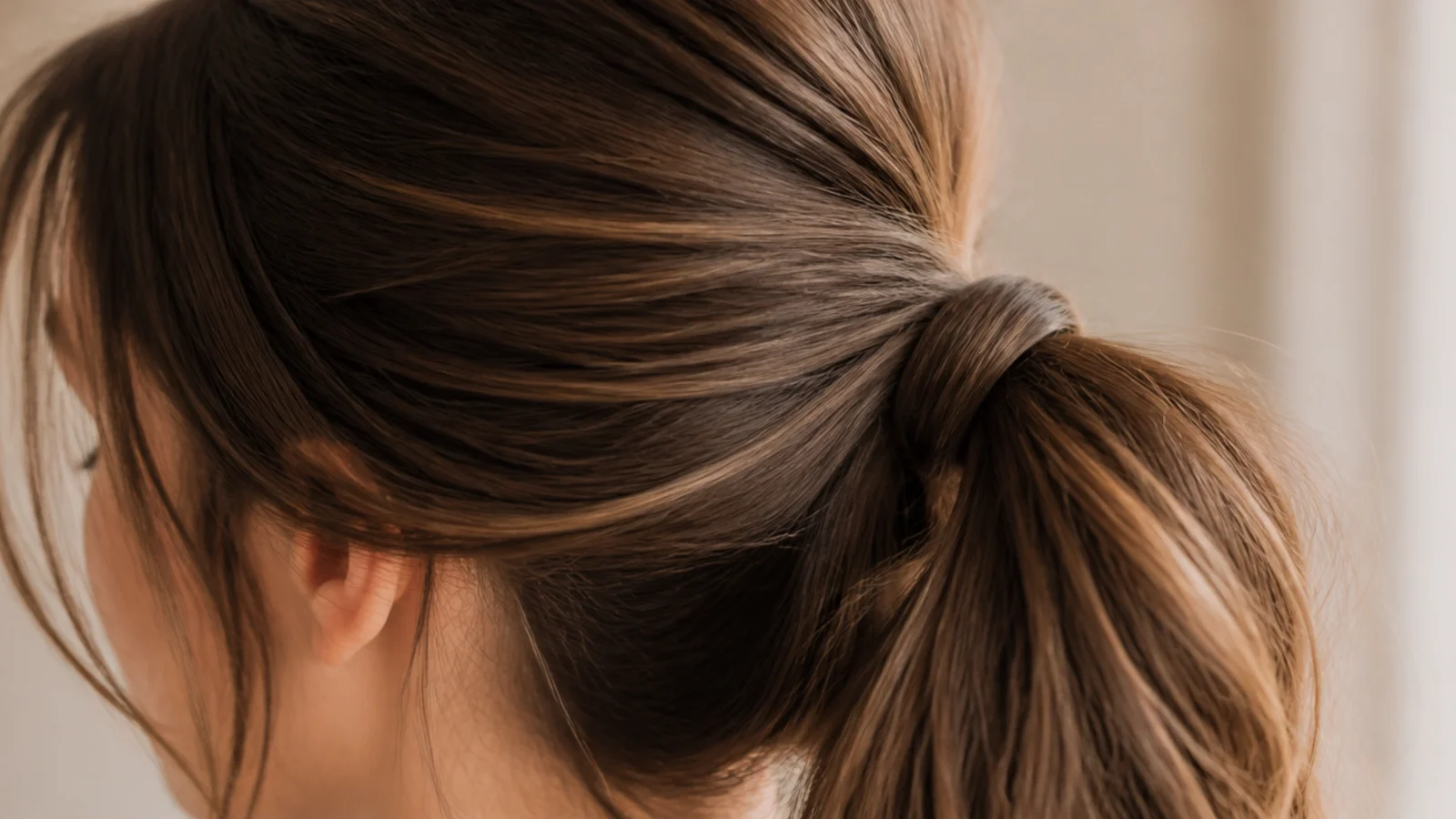 A textured ponytail holding its shape with soft frizz visible at the crown