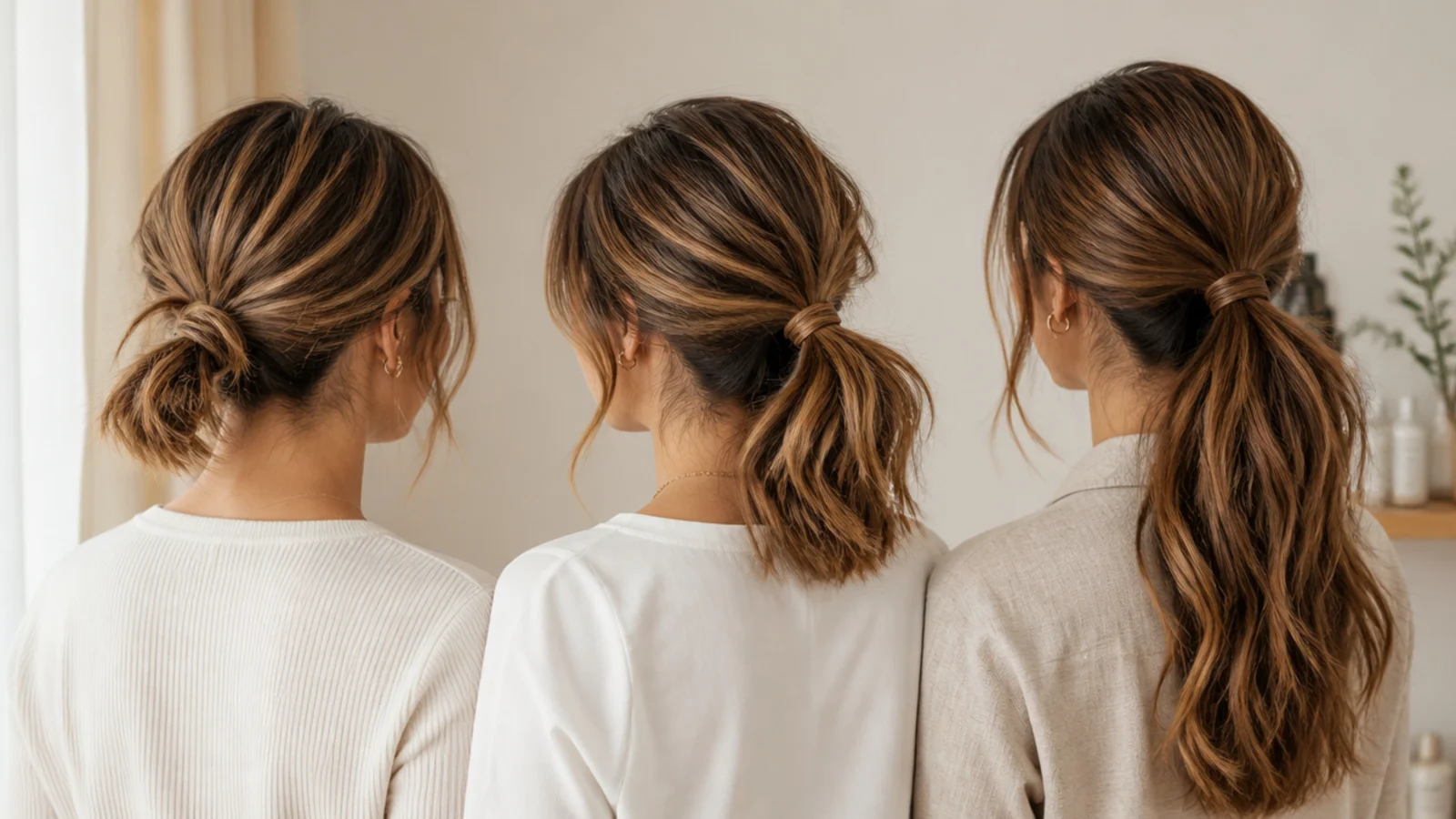 Ponytails shown at short, shoulder and very long lengths side by side