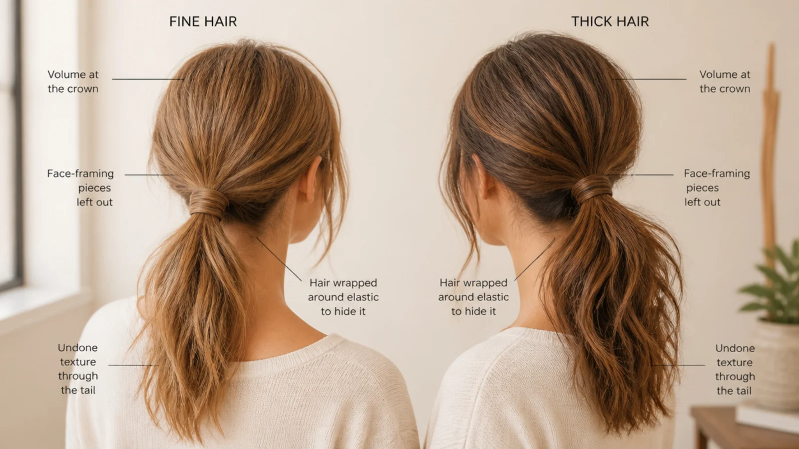 A split frame comparing a fine haired ponytail with a thick haired one