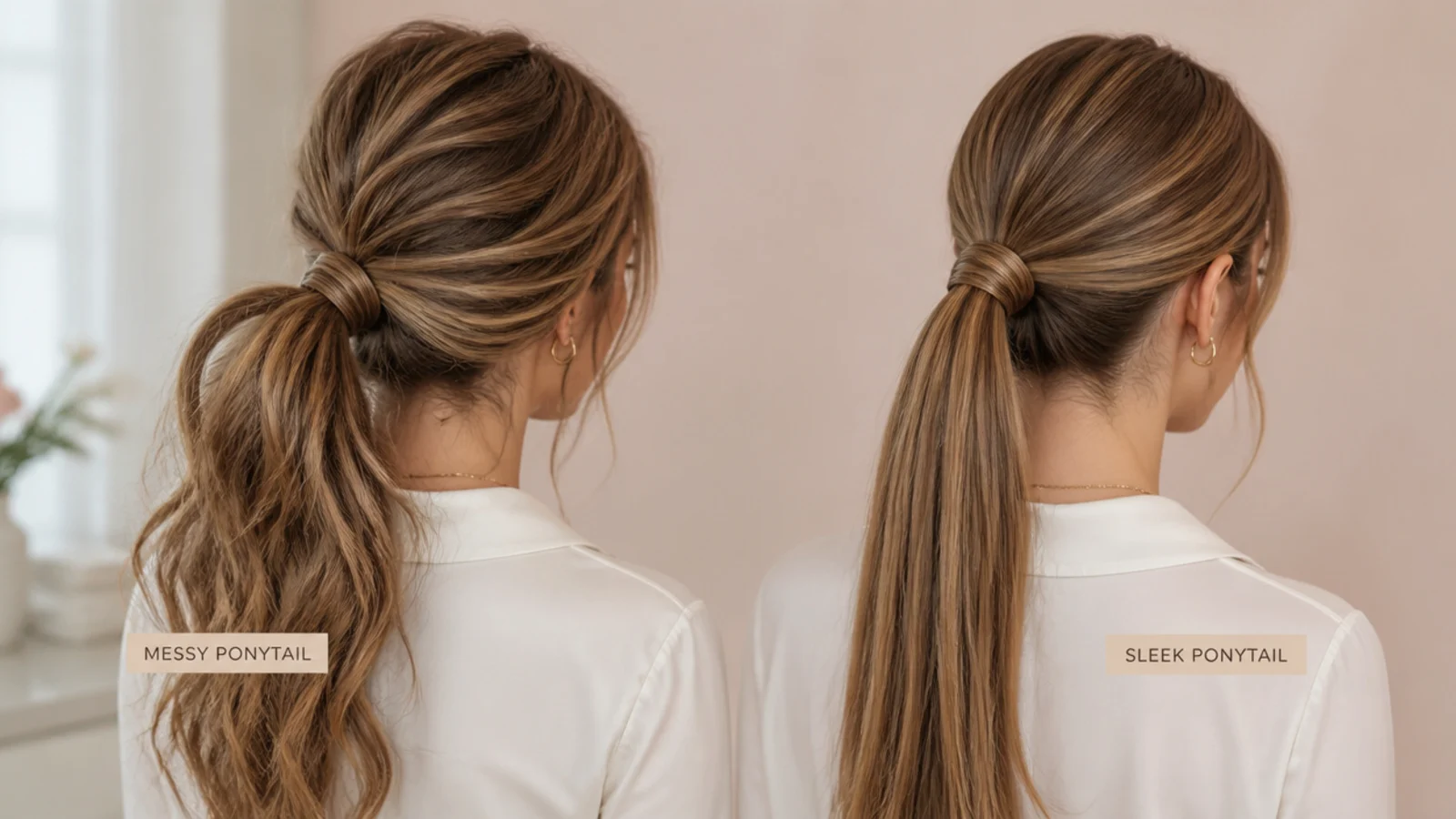 A split frame comparing a polished ponytail with a softly textured one