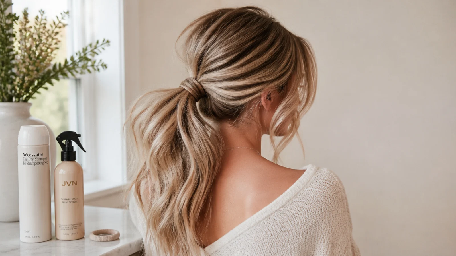 Texture spray, flexible hold spray and hair pins arranged on a pale tray