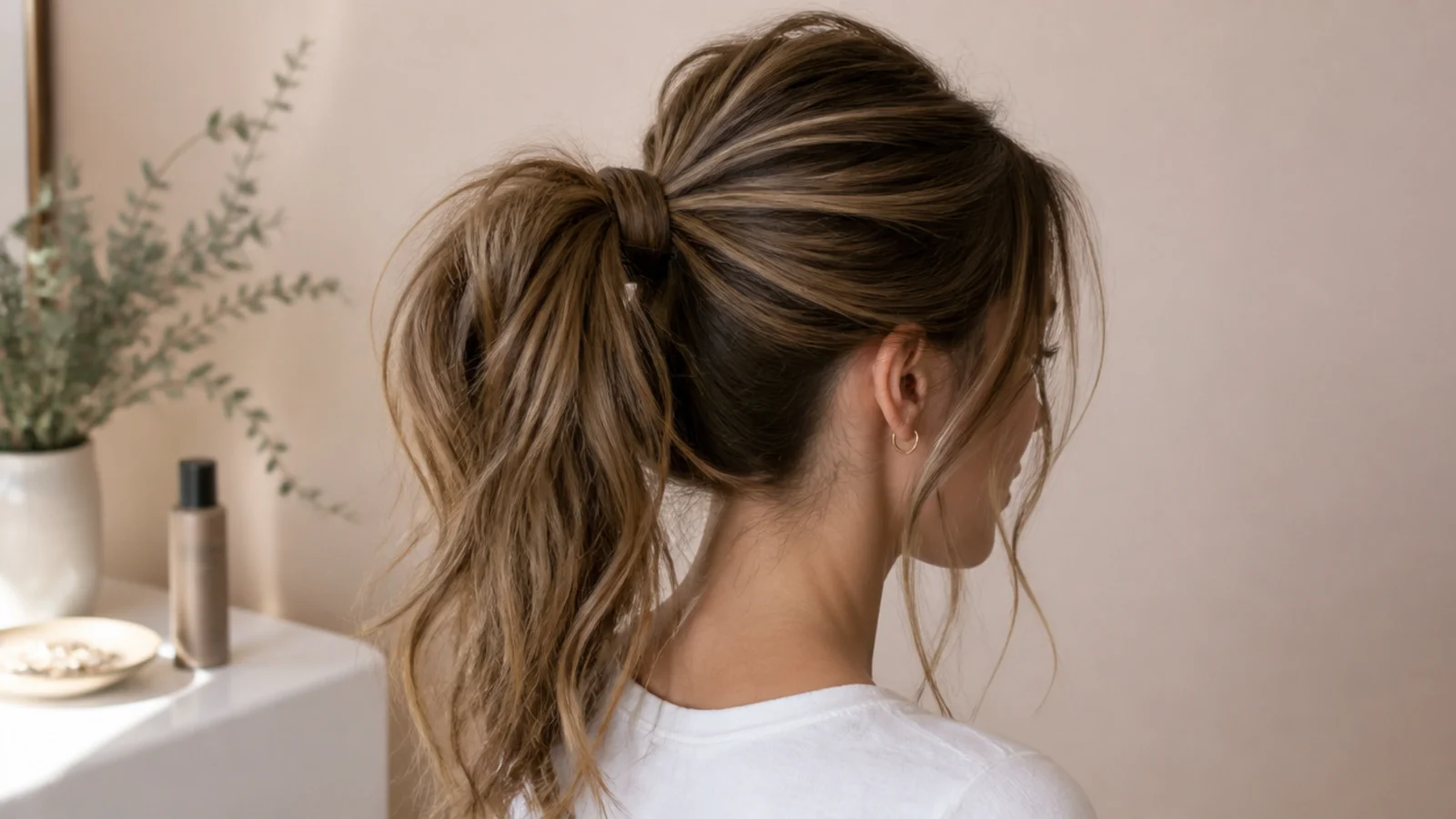 Hands backcombing the under layer at the base of a gathered ponytail
