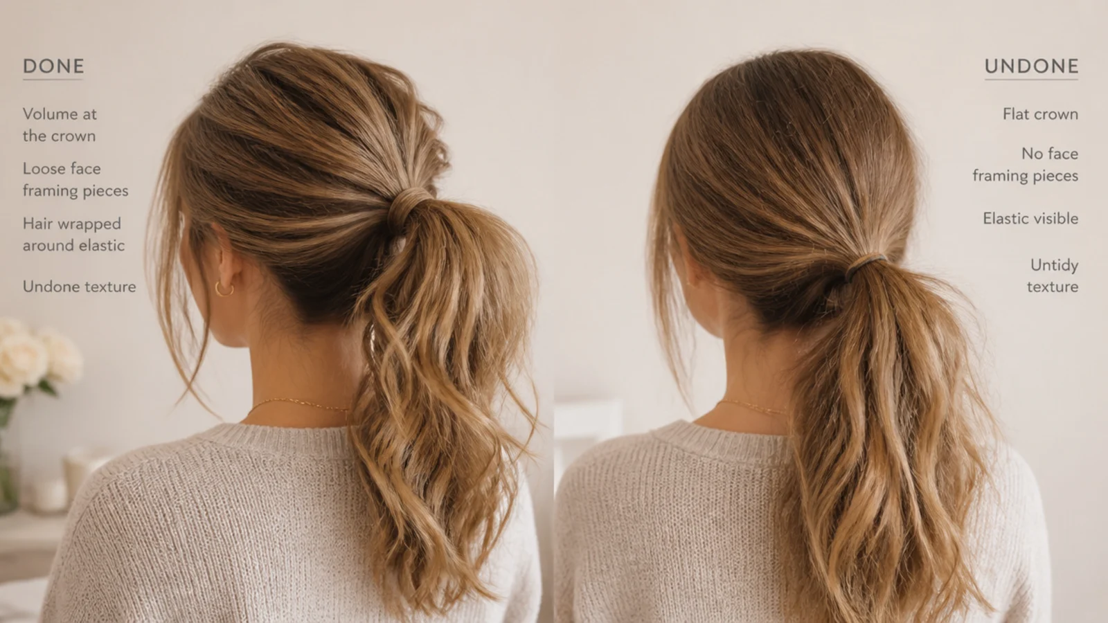 A close view of a smooth crown running into a softly textured ponytail