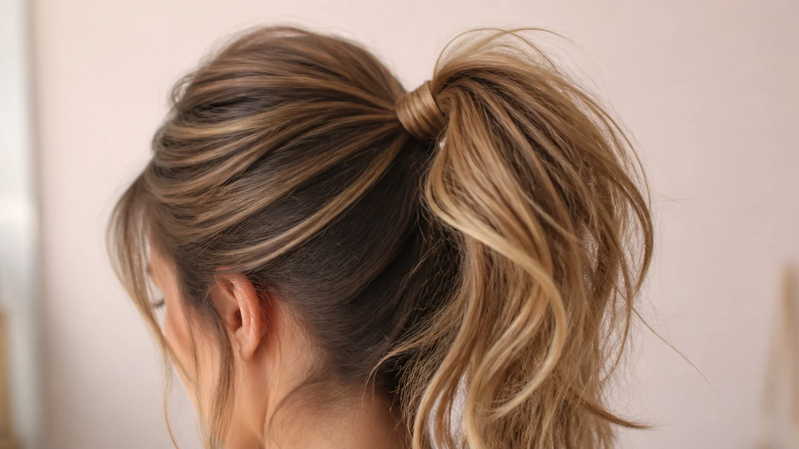 A high ponytail rising from a rounded teased crown seen from behind