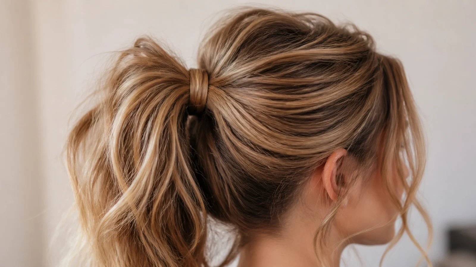 Two elastics set one above the other at the base of a high ponytail