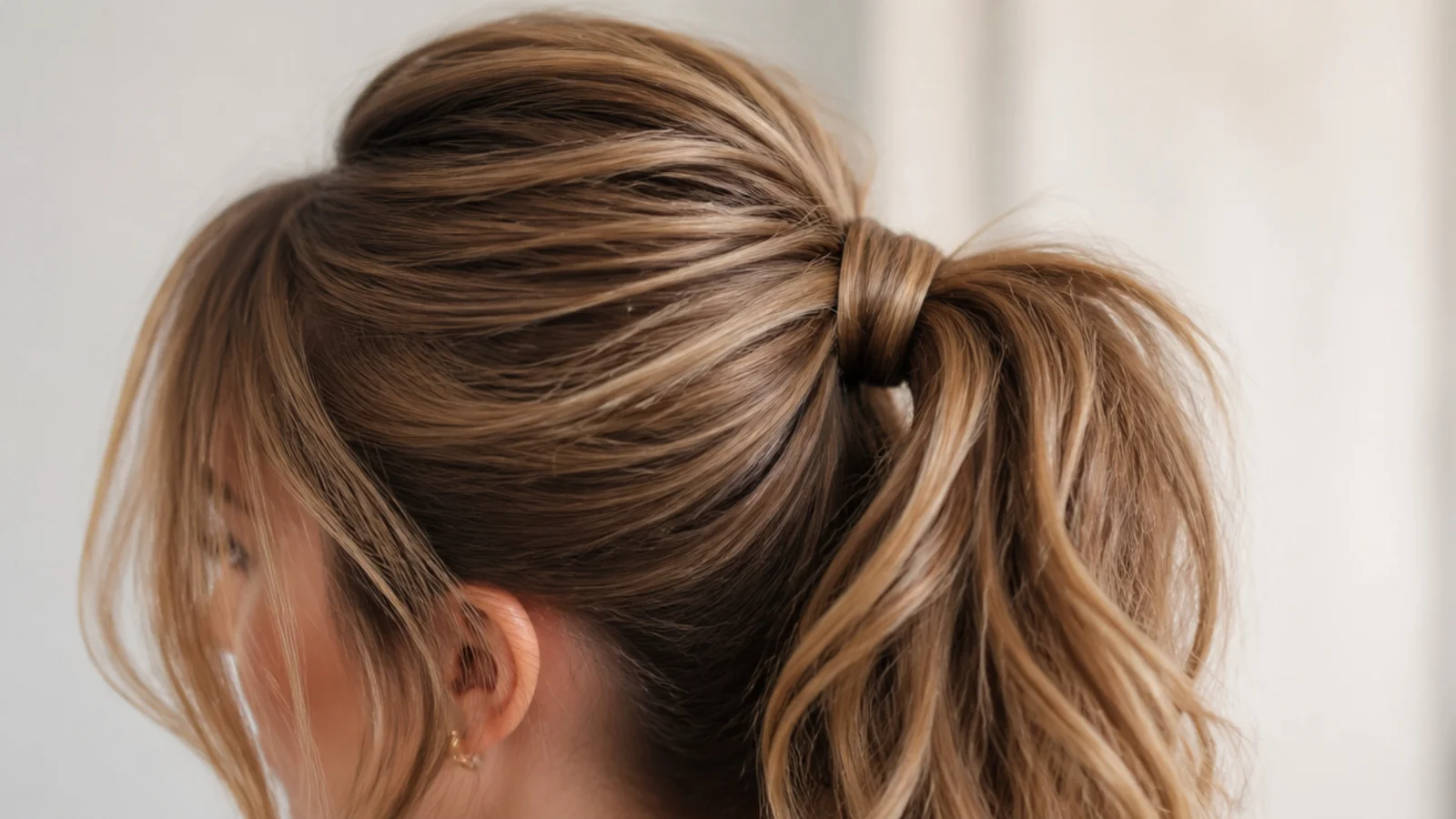 A strand of hair wound around the base of a high ponytail concealing the tie