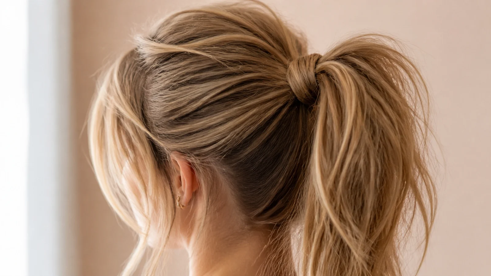 Fine strands falling at the temples below a high gathered ponytail