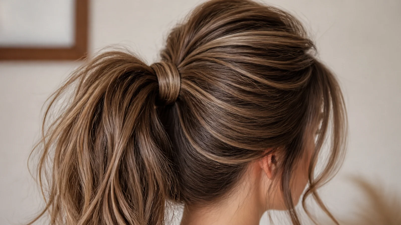 A deep parting running diagonally across the crown into a high ponytail