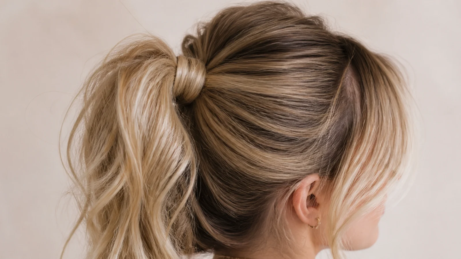 A high ponytail worn behind a soft parted fringe