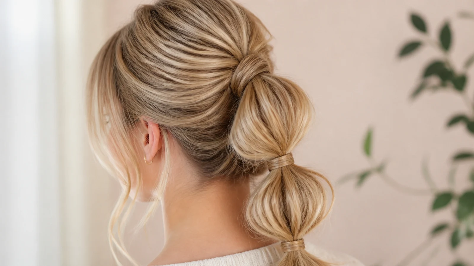 A high ponytail divided into rounded segments by small clear bands