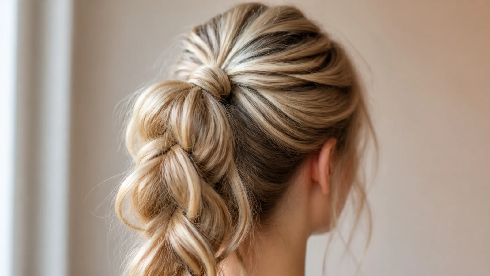 A fanned pull through braid running down from a high ponytail base